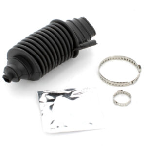 kit fuelle direccion universal negro junto a su sobre de grasa lubricante y dos abrazaderas metálicas de fijación.