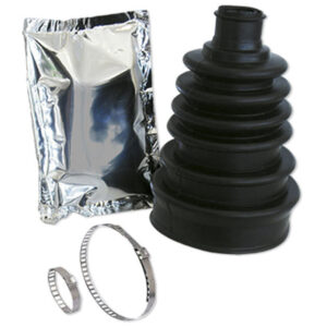 Kit de fuelle de palier universal de neopreno de color negro junto a un sobre metalizado de grasa lubricante y dos bridas metálicas de fijación para automoción
