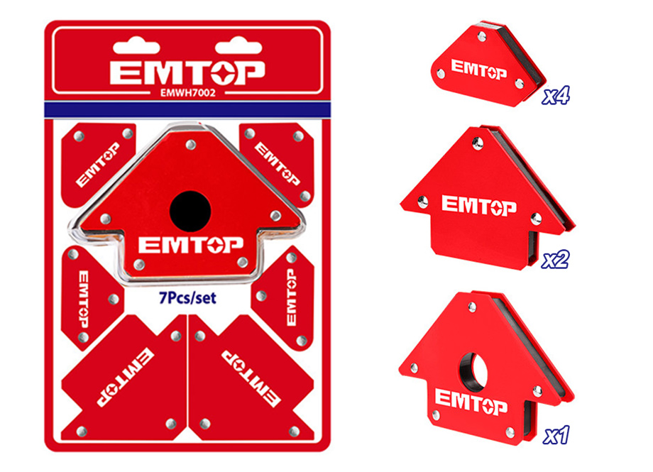 EMTOP EMWH7002 7 Escuadras Magneticas Soldar (1x4" 23KG - 2x3" 11.5KG - 4xMini 4.5KG) - Reymotor