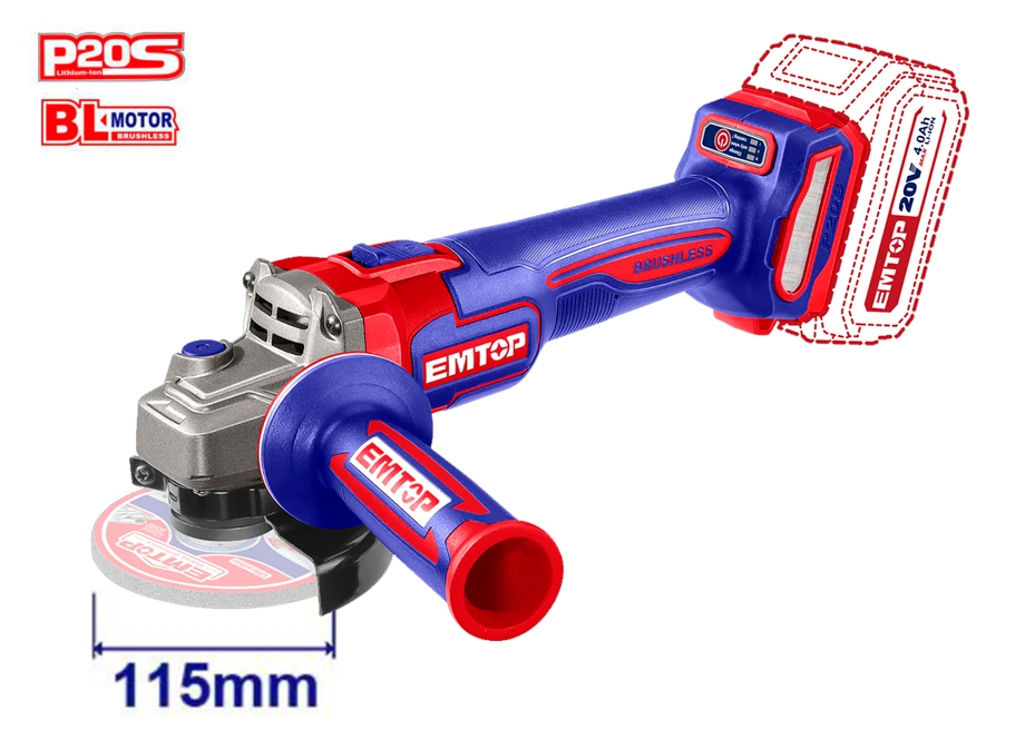 EMTOP ELAG21154 Amoladora 115MM M14 Bateria 20V Brushless P20S (Bateria Y Cargador NO Incluidos) - Reymotor