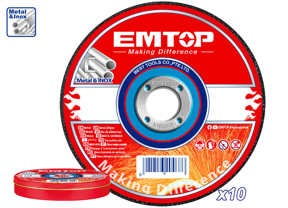EMTOP EACD121155 Caja 10 Discos Corte Metal Amoladora 115MM 1.2MM - Reymotor