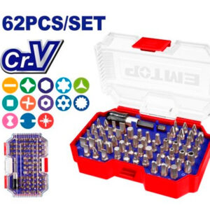 EMTOP EMSV3K05 Caja 62 Pcs Punteras Y Soporte Destornillador PZ0 PH0 TX10 H3 HT3 M6 SP6 TW2 TS8 - Reymotor