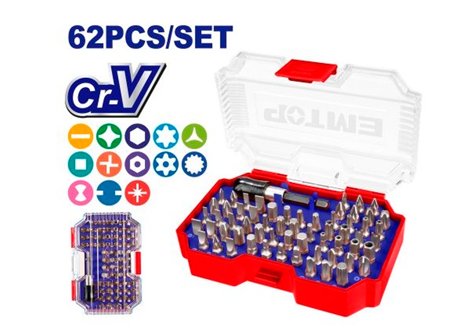 EMTOP EMSV3K05 Caja 62 Pcs Punteras Y Soporte Destornillador PZ0 PH0 TX10 H3 HT3 M6 SP6 TW2 TS8 - Reymotor