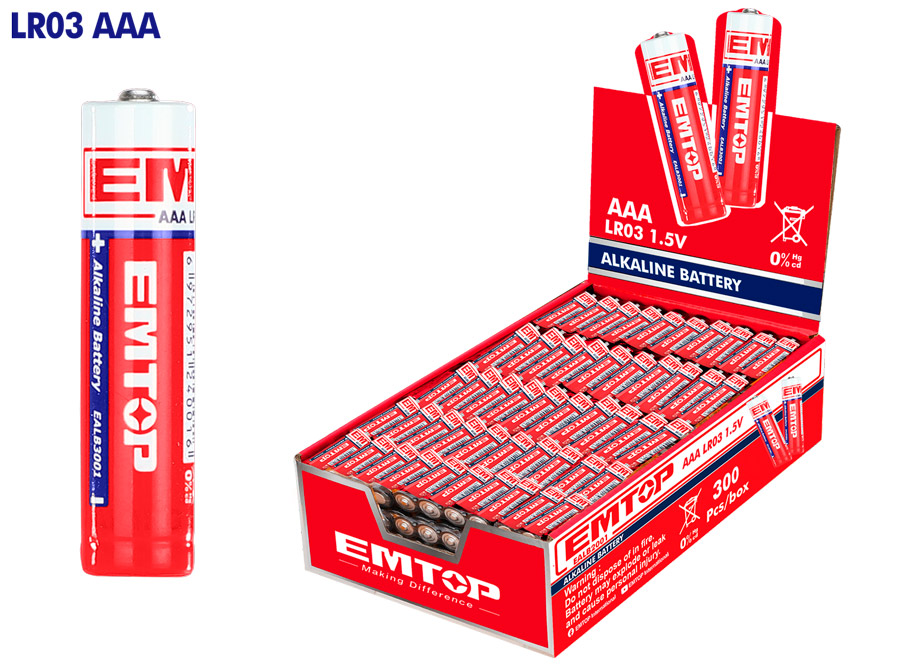 EMTOP EALB3001 Caja Expositor 300 Pilas Alcalinas 1.5V LR03 Aaa 1300mAh (75 Blister de 4 Uds) - Reymotor