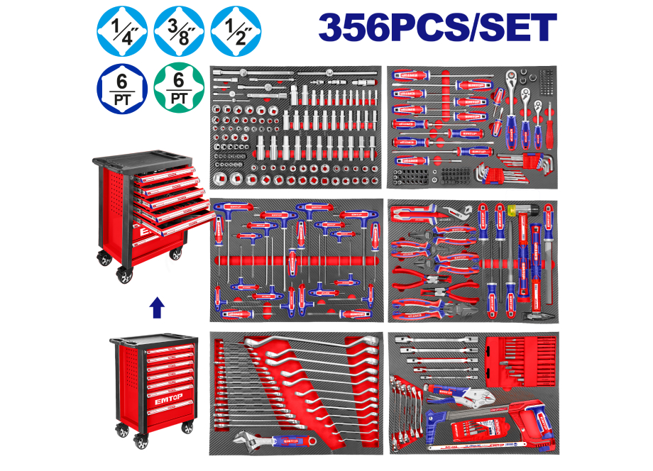 EMTOP EHTS03561 Carro Portaherramientas 7 Cajones Con 356PCS - Reymotor