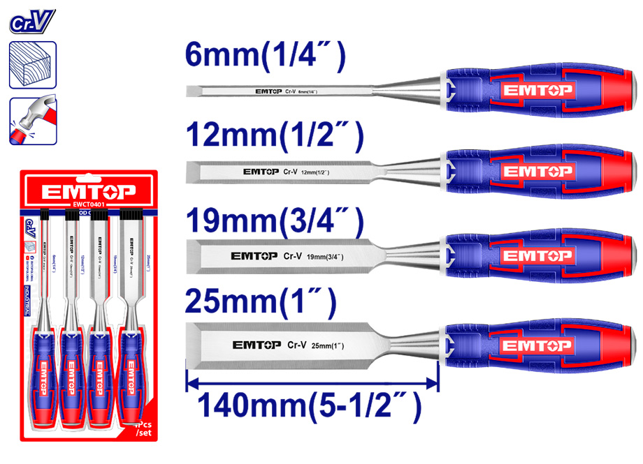 EMTOP EWCT0401 Conjunto 4 Formones Madera 140MM Cr-v (6mm