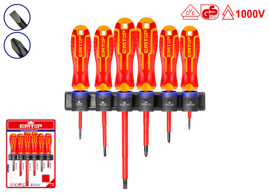 EMTOP ESSTJS061 Conjunto 6 Destornilladores Electricista 1000V - (SL3 SL4 SL6 PH0 PH1 PH2) - Reymotor