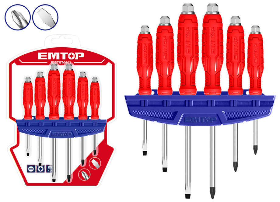 EMTOP ESSTGT0601 Conjunto 6 Destornilladores (1xSL5.5-1xSL6.5-1xSL8-1xPH1-1xPH2-1xPH3) - Reymotor