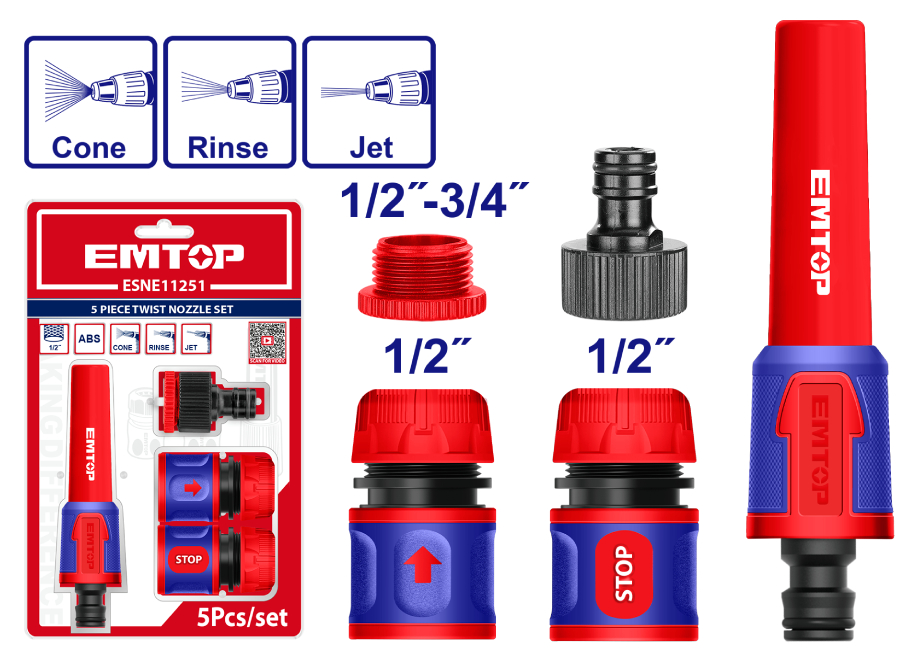EMTOP ESNE11251 Conjunto Conectores Auto-stop + Boquilla Riego Manguera - Reymotor