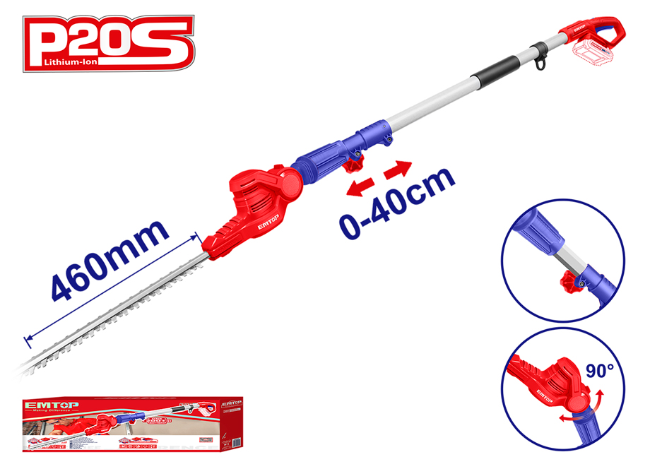 EMTOP EPHT201601 Cortasetos 460MM Telescópico 2.4M Batería 20V - P20S - (NO Incluye Batería NI Cargador) - Reymotor