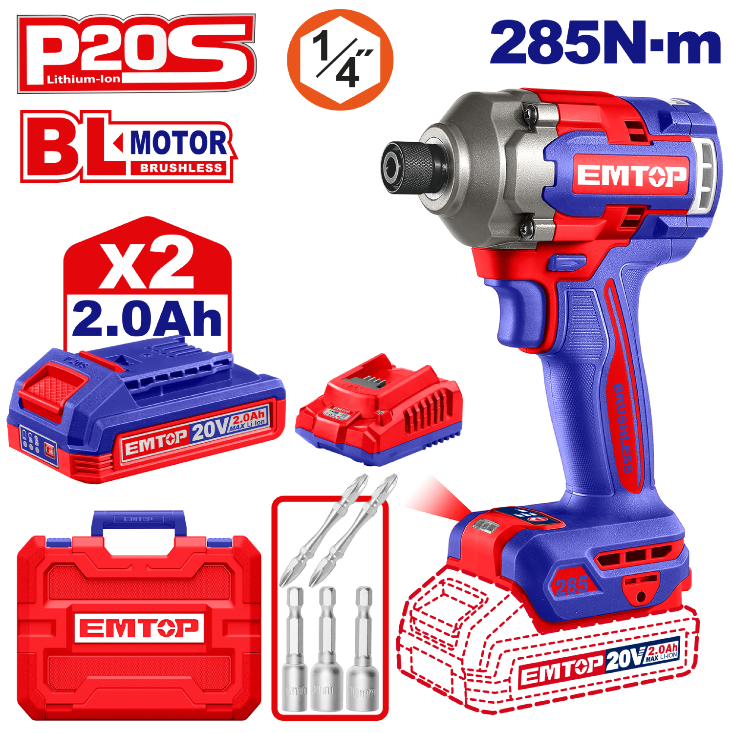 EMTOP ECIRL2028E Destornillador DE Impacto 1/4" 285NM Batería 20V - P20S - (Incluye 2 Baterías Y Cargador) - Imagen 6