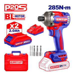EMTOP ECIRL2028E Destornillador DE Impacto 1/4" 285NM Batería 20V - P20S - (Incluye 2 Baterías Y Cargador) - Reymotor