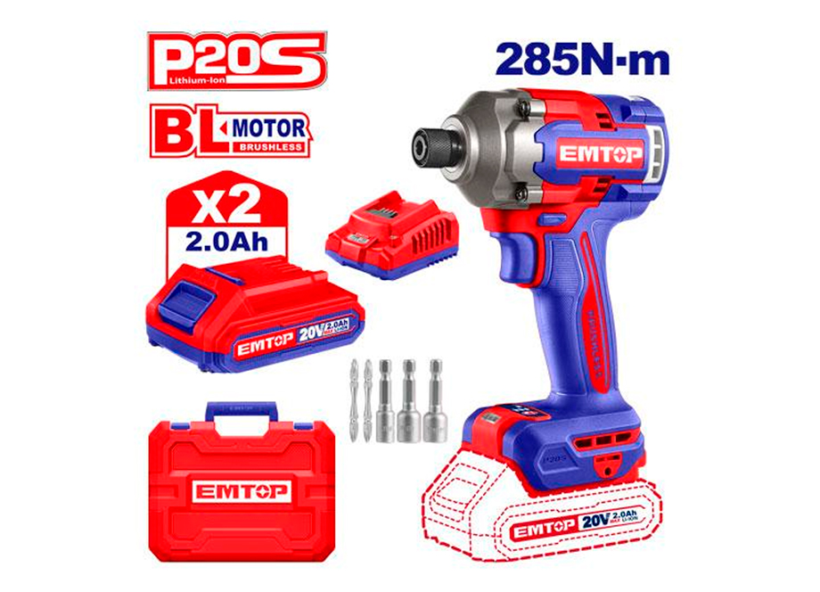 EMTOP ECIRL2028E Destornillador DE Impacto 1/4" 285NM Batería 20V - P20S - (Incluye 2 Baterías Y Cargador) - Reymotor