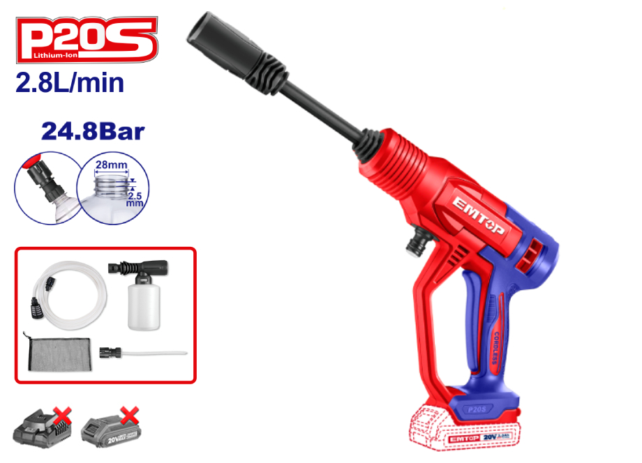 EMTOP ELPW2036 Hidrolimpiadora Bateria 20V - P20S (24.8bar - 2.8 L/min) (Batería Y Cargador NO Incluidos) - Reymotor