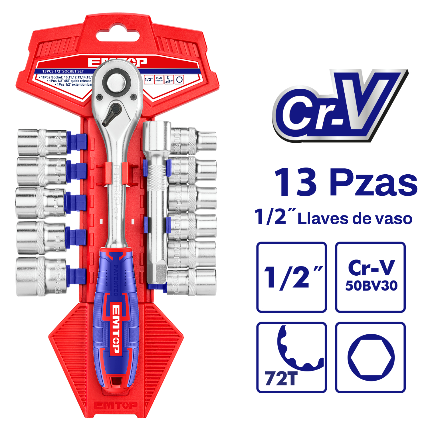 EMTOP ESKT12131 Juego 13 Piezas 1/2" Cr-v (Incluye Vasos 10-24 Y Extensión) - Imagen 2