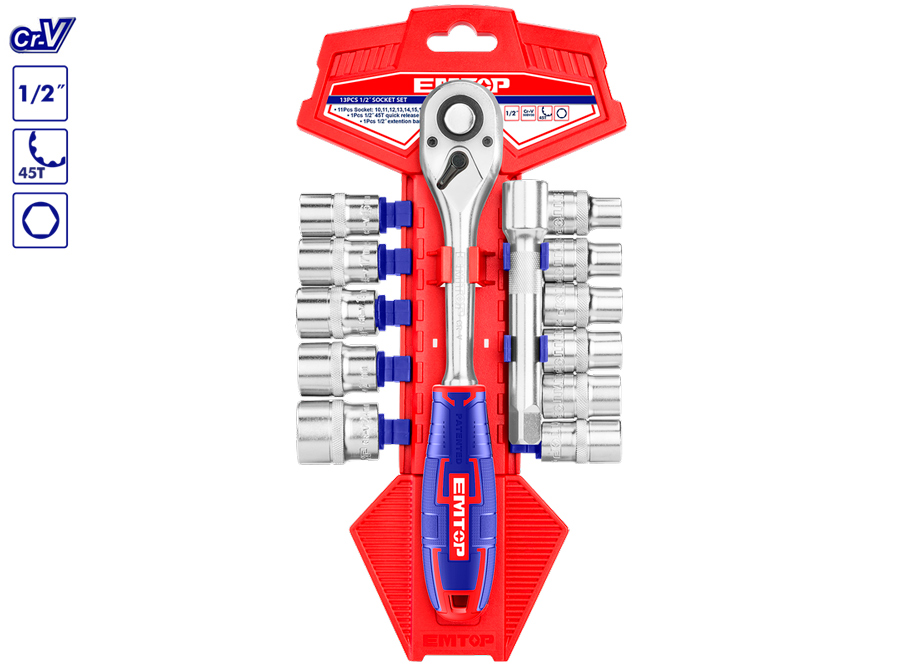 EMTOP ESKT12131 Juego 13 Piezas 1/2" Cr-v (Incluye Vasos 10-24 Y Extensión) - Reymotor
