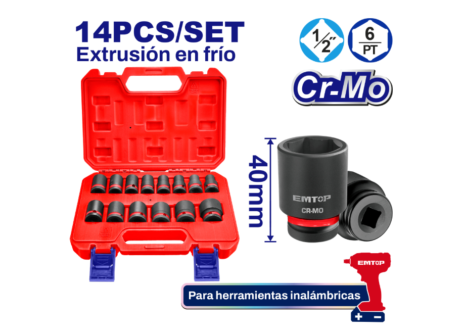 EMTOP EMSSD12141 Juego 14 Vasos DE Impacto 1/2" CR MO (10