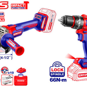 EMTOP ECKL20273E Kit Taladro 66NM + Amoladora 115MM 20V Bateria P20S (Baterías 2x4.0Ah