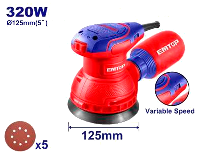 EMTOP EFSR23206 Lijadora Roto Orbital Electrica 320W 125MM - Base Velcro (Incluye 5 Lijas) - Reymotor