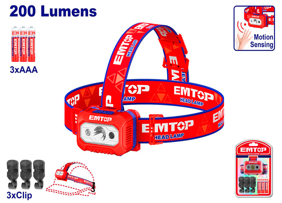 EMTOP EFLG013AAA8 Linterna Frontal Led Para Cabeza 200lm - Sensor Movimiento (Incluye 3 Pilas Aaa) - Reymotor