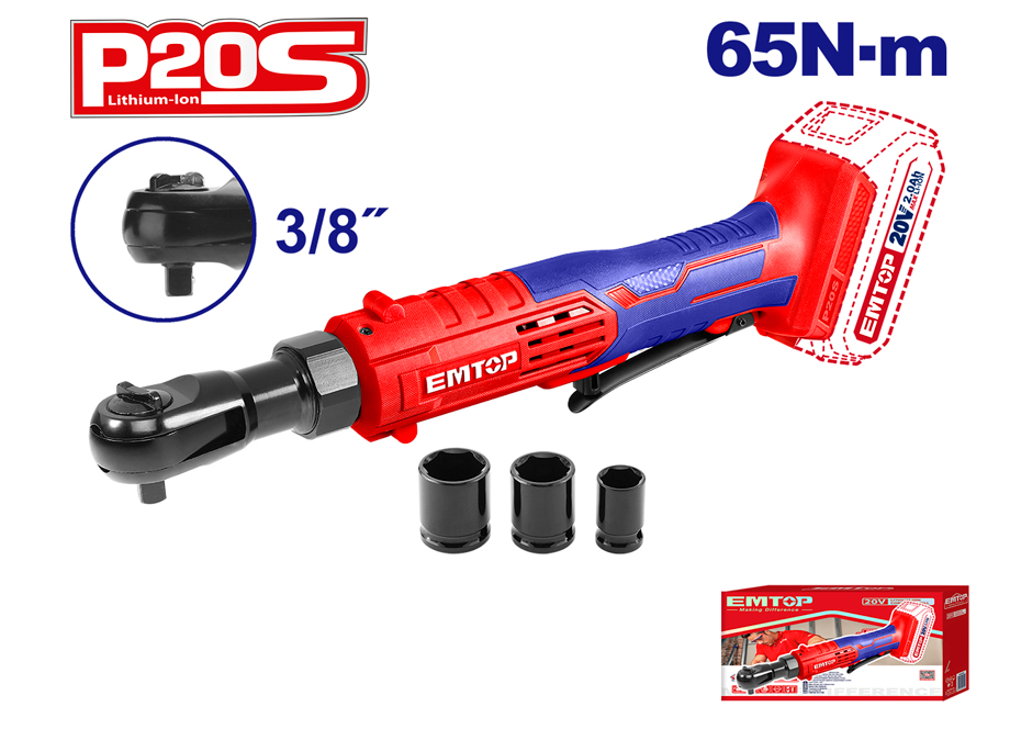 EMTOP EDRL2060151 Llave Carraca 65N-m 3/8" Batería 20V - P20S - (NO Incluye Batería NI Cargador) - Reymotor