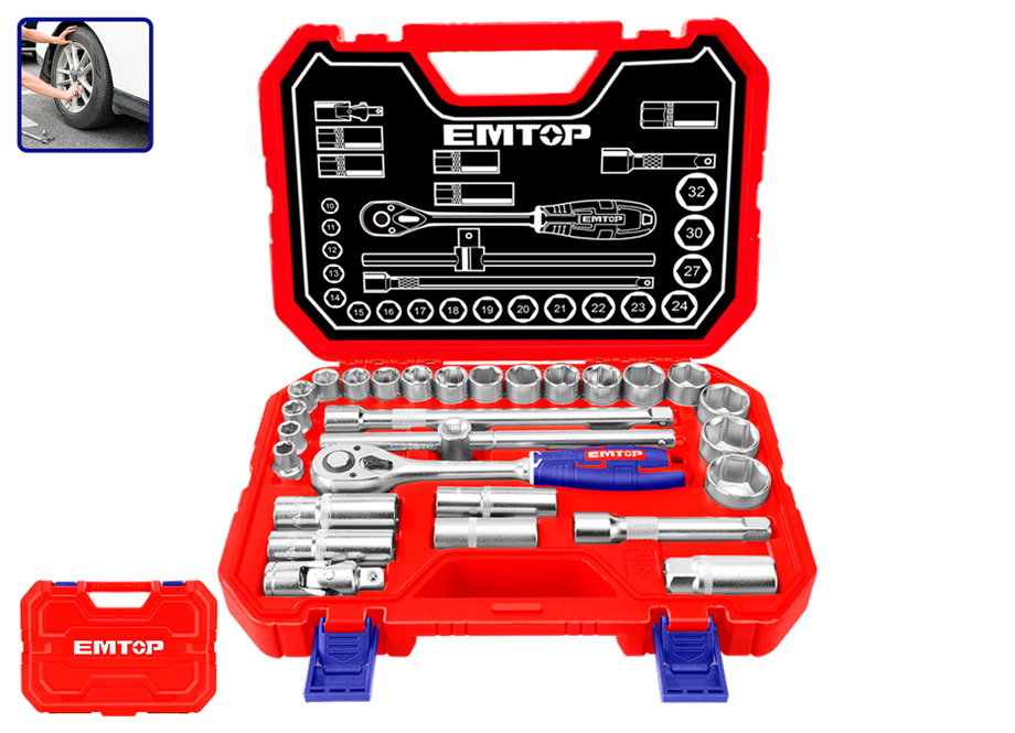 EMTOP ESKT12281 Maletin 28 Piezas 1/2" Cr-v (Incluye Vasos 10-32