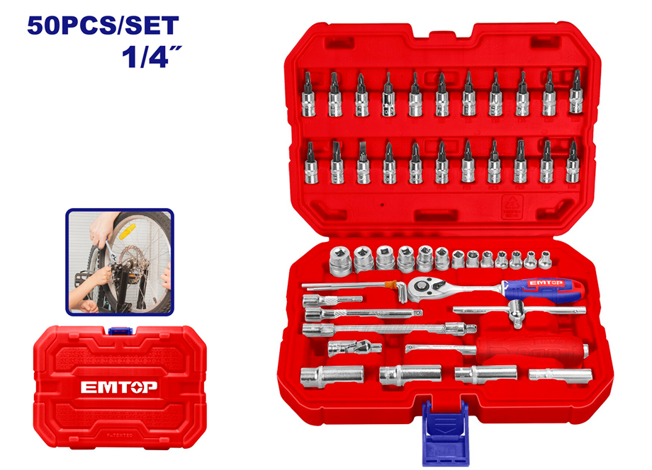 EMTOP ESKT14501 Maletin 50 Piezas 1/4" Cr-v (Incluye Vasos 4-14