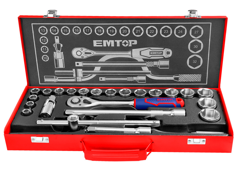 EMTOP ESKT12243 Maletin Autocle 24 Piezas 1/2" Cr-v (Incluye Vasos 10-32