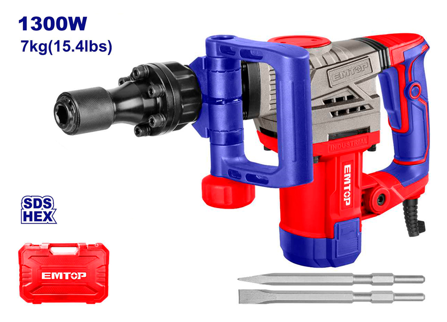 EMTOP EDBRH1301 Martillo Demolicion 1300W 20J (Tipo Sds Hex - 2 Cinceles - Con Maletin) - Reymotor