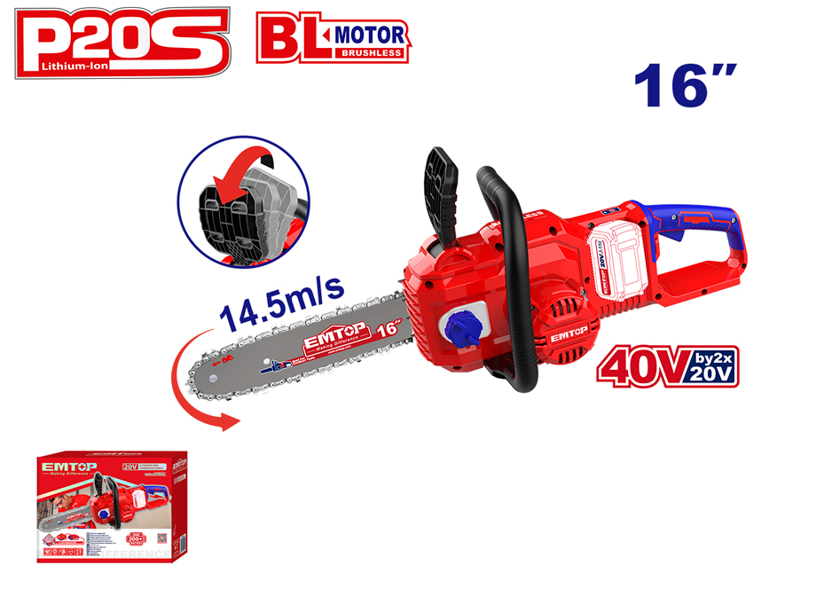 EMTOP ELGA401682 Motosierra Bateria 16" 40V (20V+20V) - P20S Brushless (Incluye 2x4.0Ah Baterías Y Cargador Dua - Reymotor