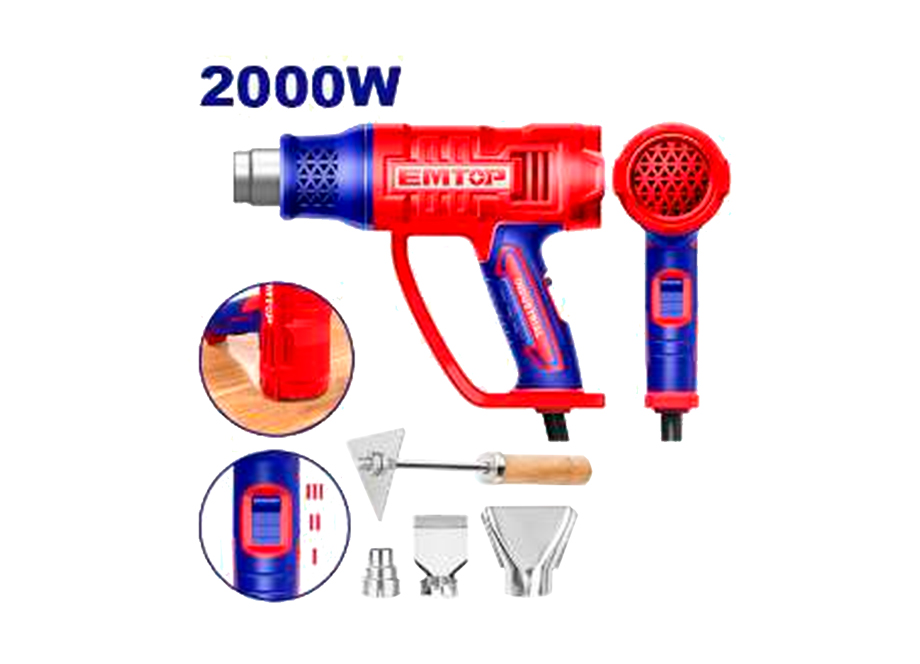 EMTOP EHGN20078 Pistola DE Calor - Decapador - 2000W (Incluye 3 Boquillas Y Raspador) - Reymotor