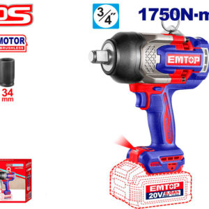 EMTOP ECIWL201751 Pistola DE Impacto 3/4" 1750NM Batería 20V - P20S - (Con Vasos 30-32-34; NO Incluye Bat NI Car - Reymotor