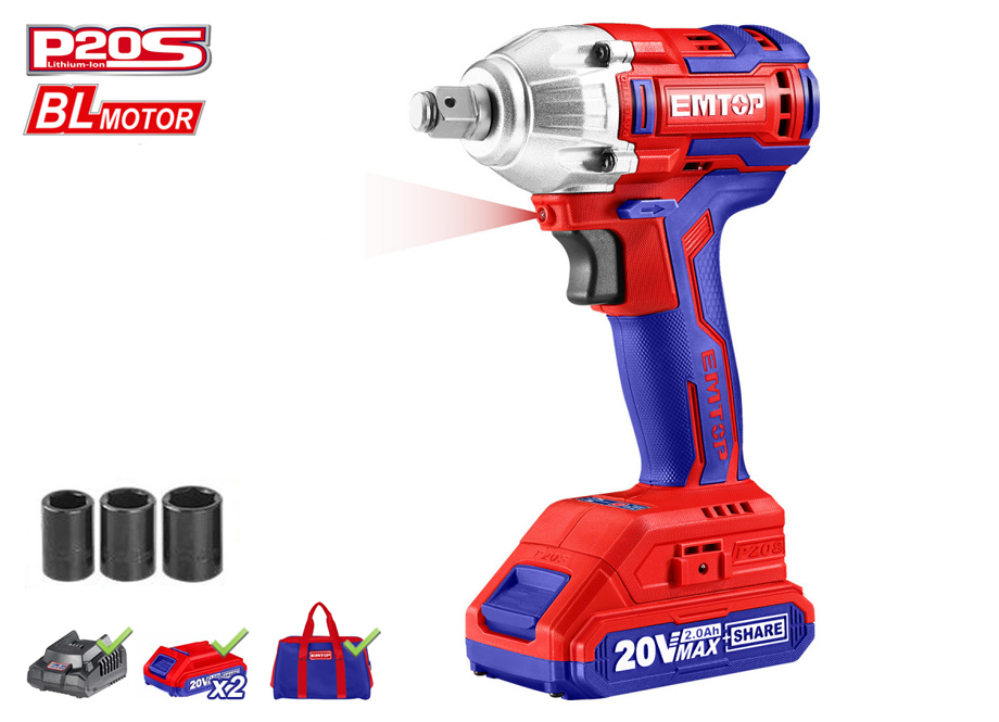 EMTOP ECDLIW20221 Pistola DE Impacto 1/2" 300NM Batería 20V - P20S - (Con Vasos 17-19-21; Bat X2