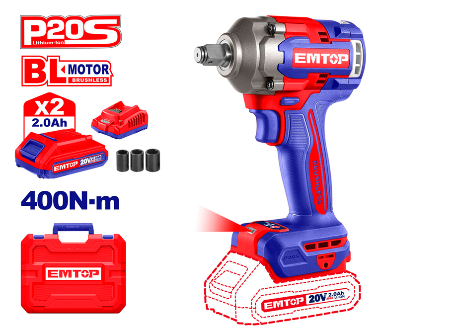 EMTOP ECIWL2040E Pistola DE Impacto 1/2" 400NM Batería 20V - P20S - (Con Vasos 17-19-21; Bat X2