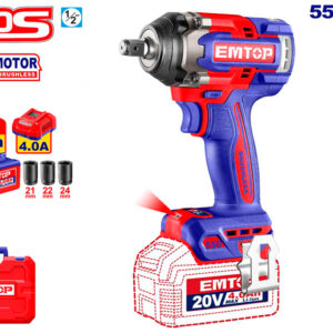 EMTOP ECIWL2055E Pistola DE Impacto 1/2" 550NM Batería 20V - P20S - (Con Vasos 21-22-24; Bat X2 4Ah