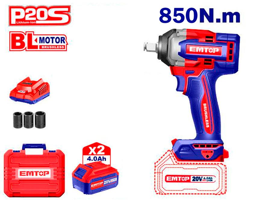 EMTOP ECIWL2085E Pistola DE Impacto 1/2" 850NM Batería 20V - P20S - (Con Vasos 22-24-27; Bat X2 4Ah