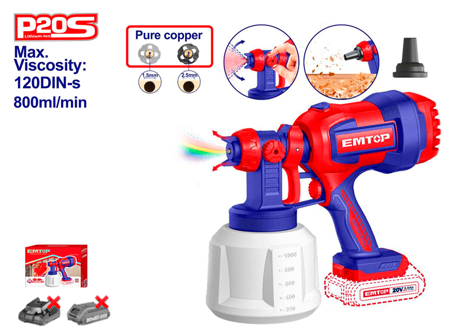 EMTOP ELSG2004 Pistola Pintura Bateria 20V 0.1-0.2bar 800ml/min - P20S (NO Incluye Bateria NI Cargador) - Reymotor