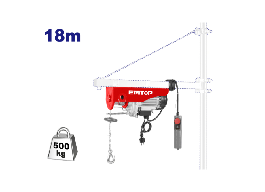 EMTOP EEHT5001 Polipasto Electrico 800W - Linea Simple (250KG - 18M - 8M/M) Linea Doble (500KG - 9M - 4M/M) - Reymotor