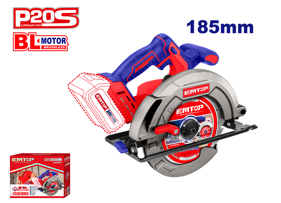 EMTOP ELCS1851 Sierra Circular 185MM Batería 20V - P20S - (1 Disco - NO Incluye Batería NI Cargador) - Reymotor
