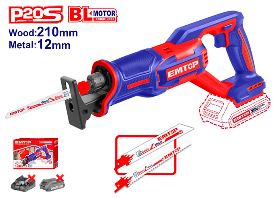 EMTOP ELRS202108 Sierra Sable Batería 20V - P20S - (1 Sierra Madera + 1 Metal - NO Incluye Batería NI Cargador) - Reymotor