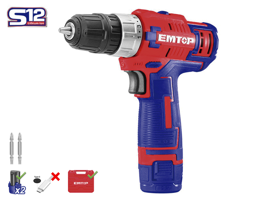 EMTOP ECDL12620E Taladro Bateria 12V 1.5Ah 45NM (Incluye 2 Baterias Y Maletin) Cargador Tipo C - Reymotor