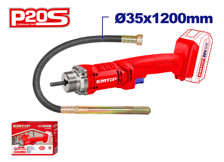 EMTOP ECVL202301 Vibrador Hormigón Batería 20V - P20S - (NO Incluye Batería NI Cargador) - Reymotor