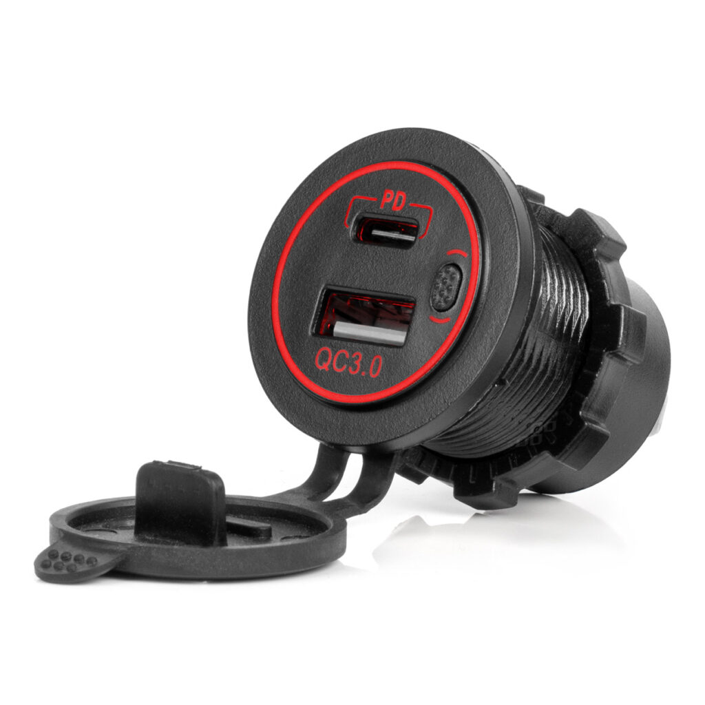 Cargador de teléfono resistente al agua con retroiluminación LED ROJA 2xUSB QC3.0 12/24V 04221 AMIO - imagen principal