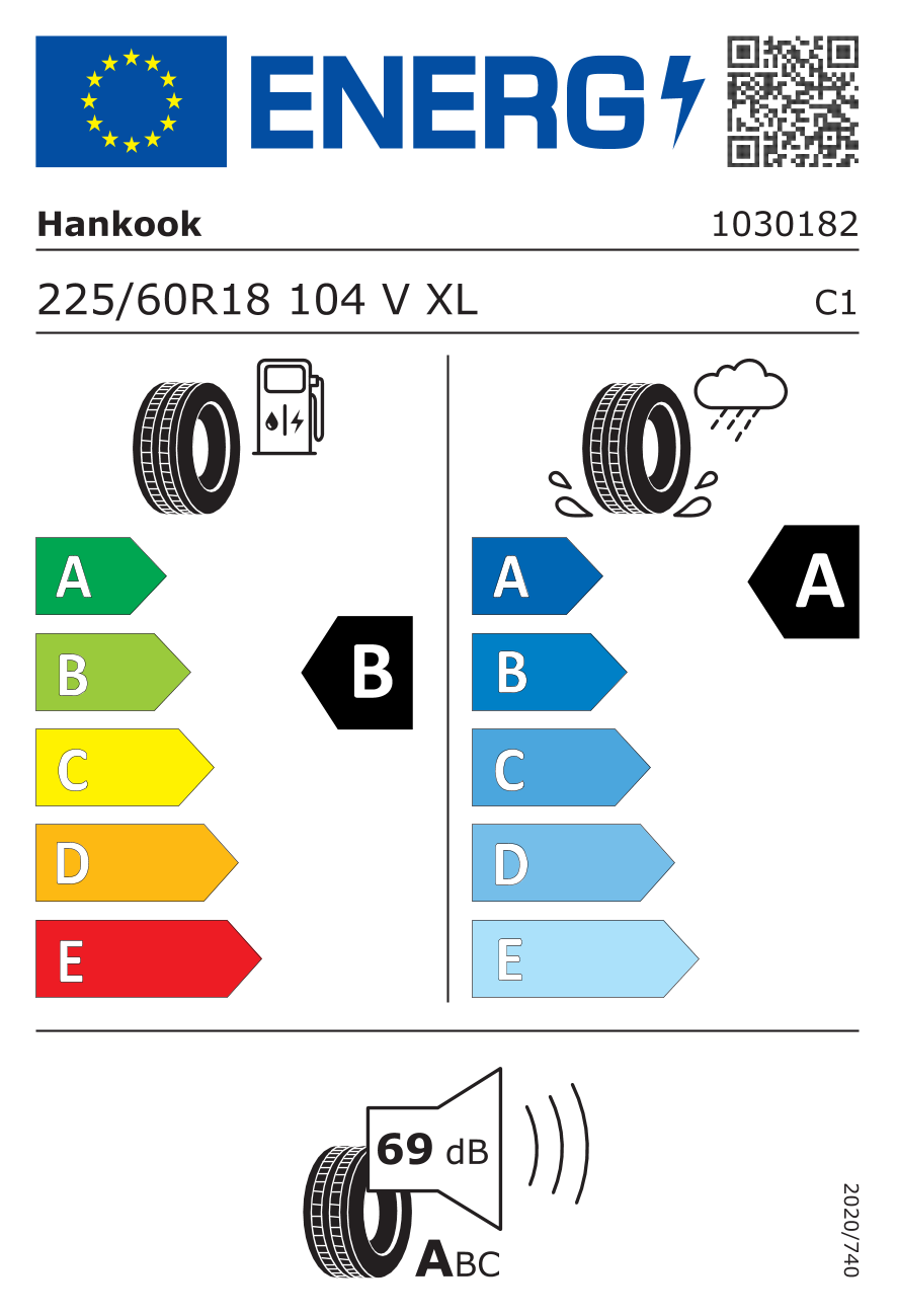 Etiqueta energetica oficial del neumatico HANKOOK 225/60R18 K135 A XL 104V TL