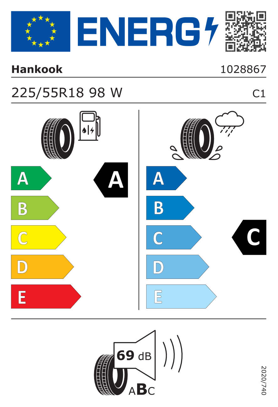 Etiqueta energetica oficial del neumatico HANKOOK 225/55R18 K127E EV (SOUND ABSORVER) 98W TL