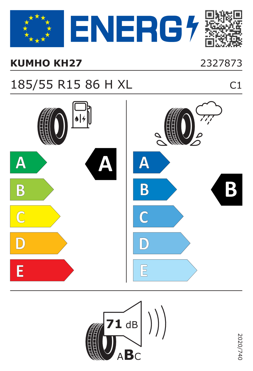 Etiqueta energetica oficial del neumatico KUMHO 185/55R15 KH27 XL 86H TL