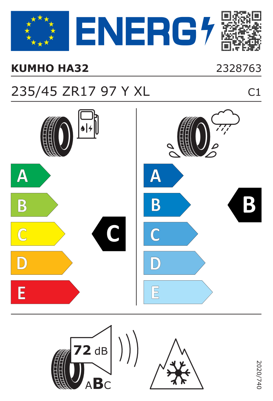 Etiqueta energetica oficial del neumatico KUMHO 235/45R17 HA 32 XL ALL SEASON 97Y TL