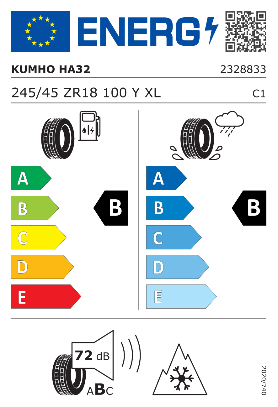 Etiqueta energetica oficial del neumatico KUMHO 245/45R18 HA 32 XL ALL SEASON 100Y TL