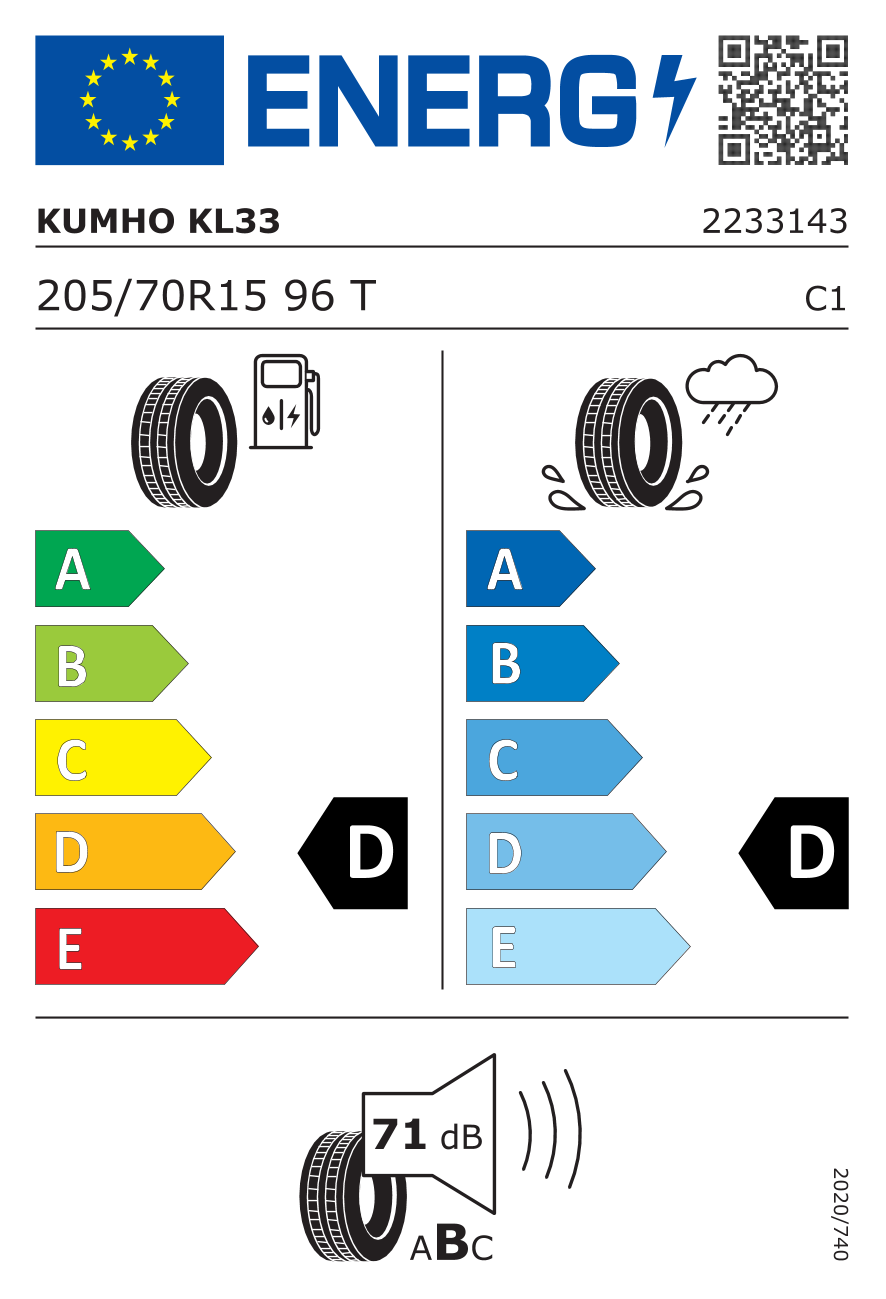 Etiqueta energetica oficial del neumatico KUMHO 205/70R15 KL 33 96T TL