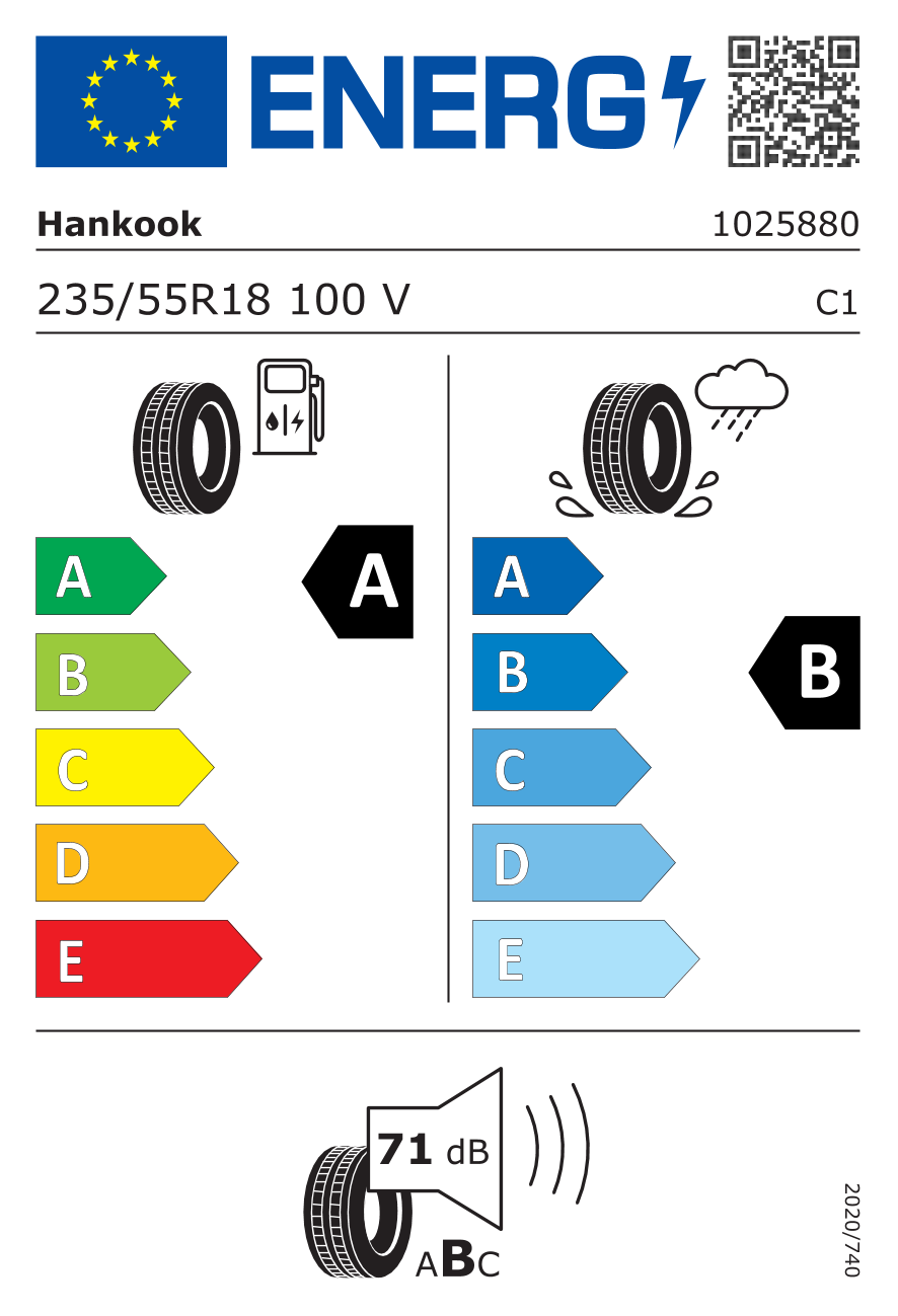 Etiqueta energetica oficial del neumatico HANKOOK 235/55R18 K127E AO EV SUV 100V TL